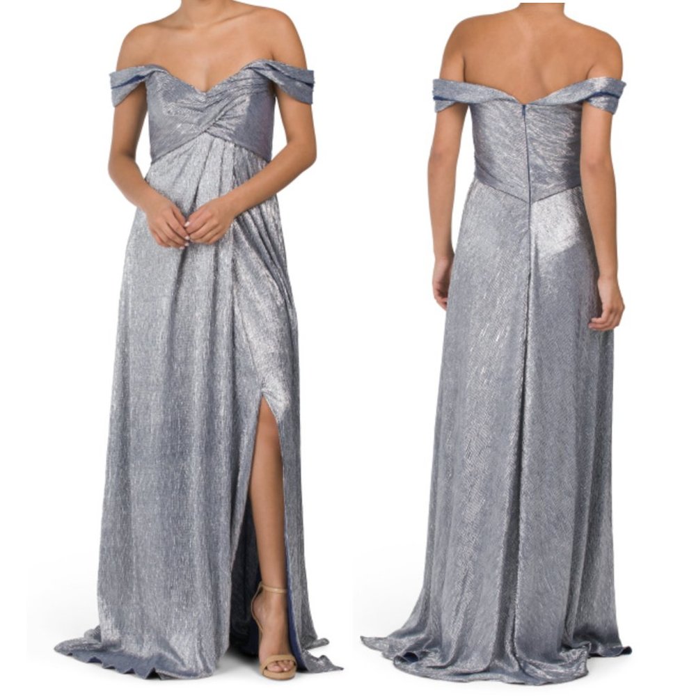 Rene By Rene Ruiz Off The Shoulder Drape Metallic Gown